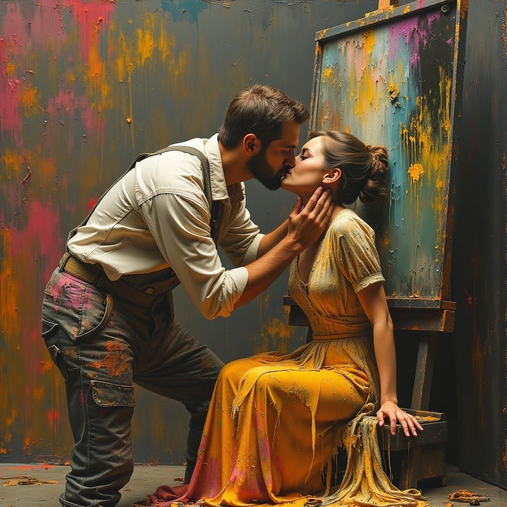 Painter Kisses Woman Emerging From Canvas in Surreal Digital...