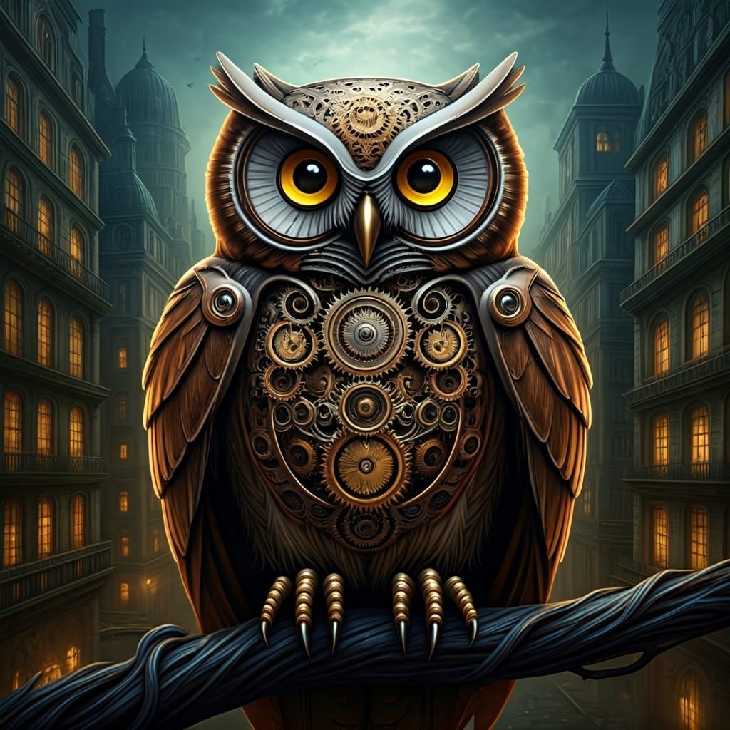 Mechanical Owl in Steampunk Victorian Cityscape