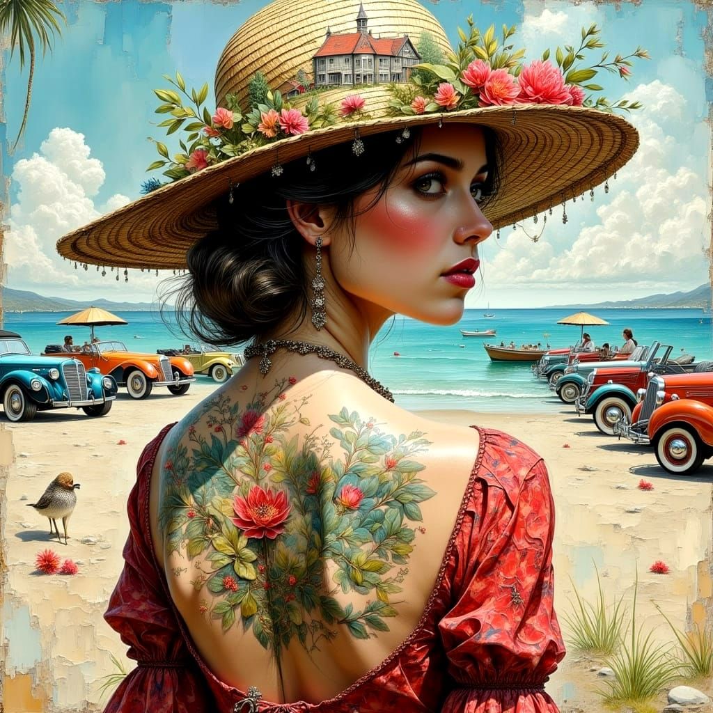 Stylish Lady with Village Hat in Abstract Impasto Style