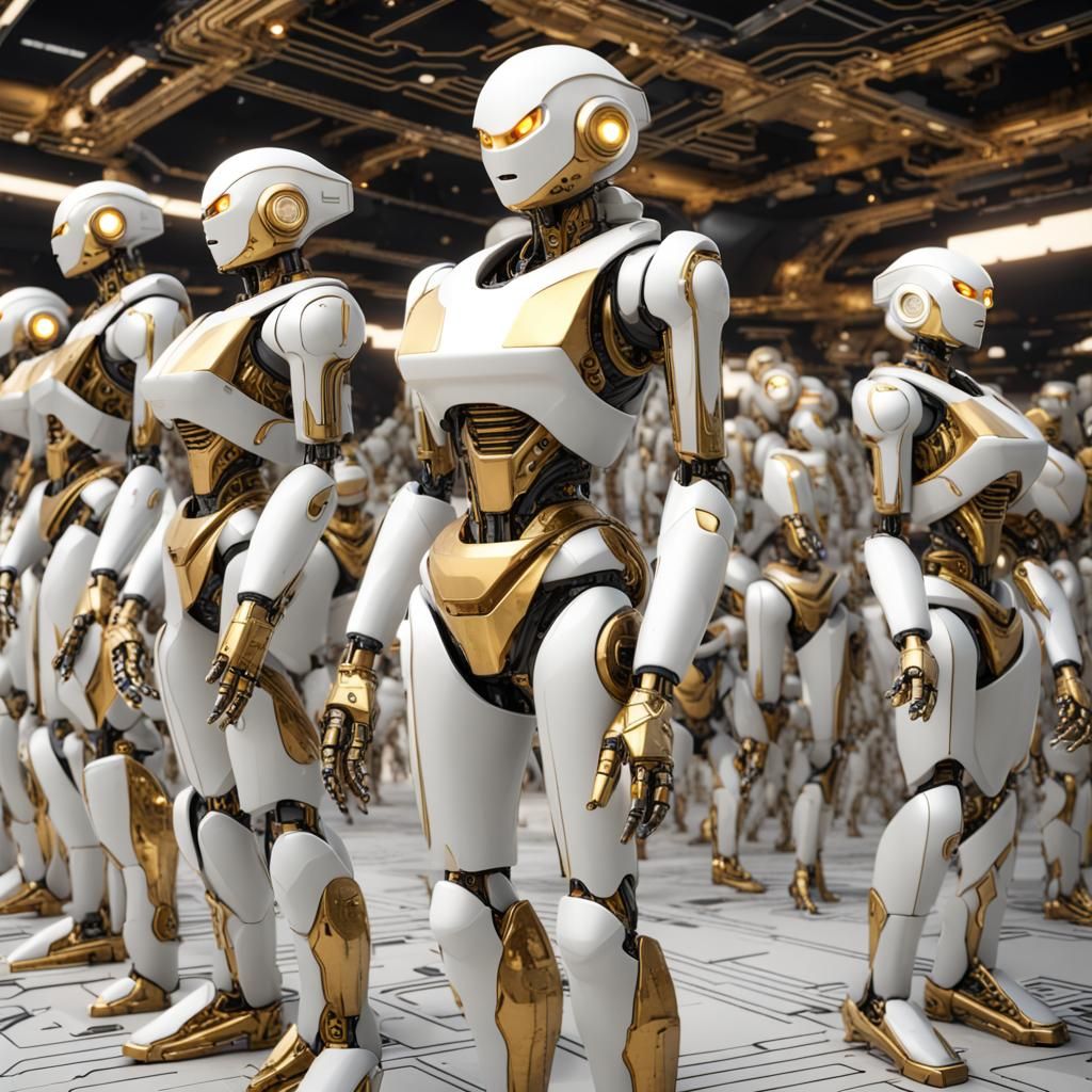 Gold and White Robot Soldiers on Alien Planet