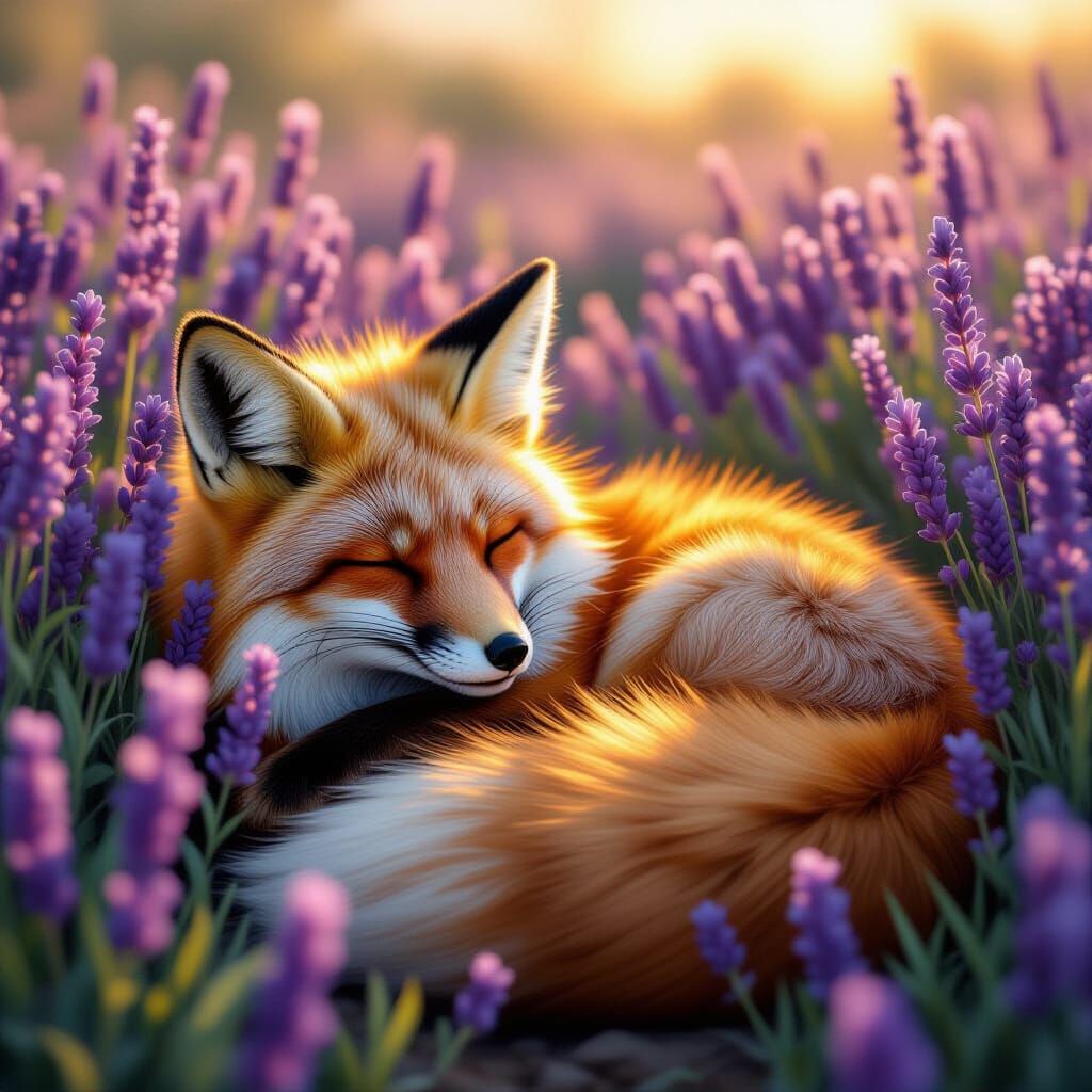 A sleepy fox curls up amidst vibrant lavender flowers, its s...
