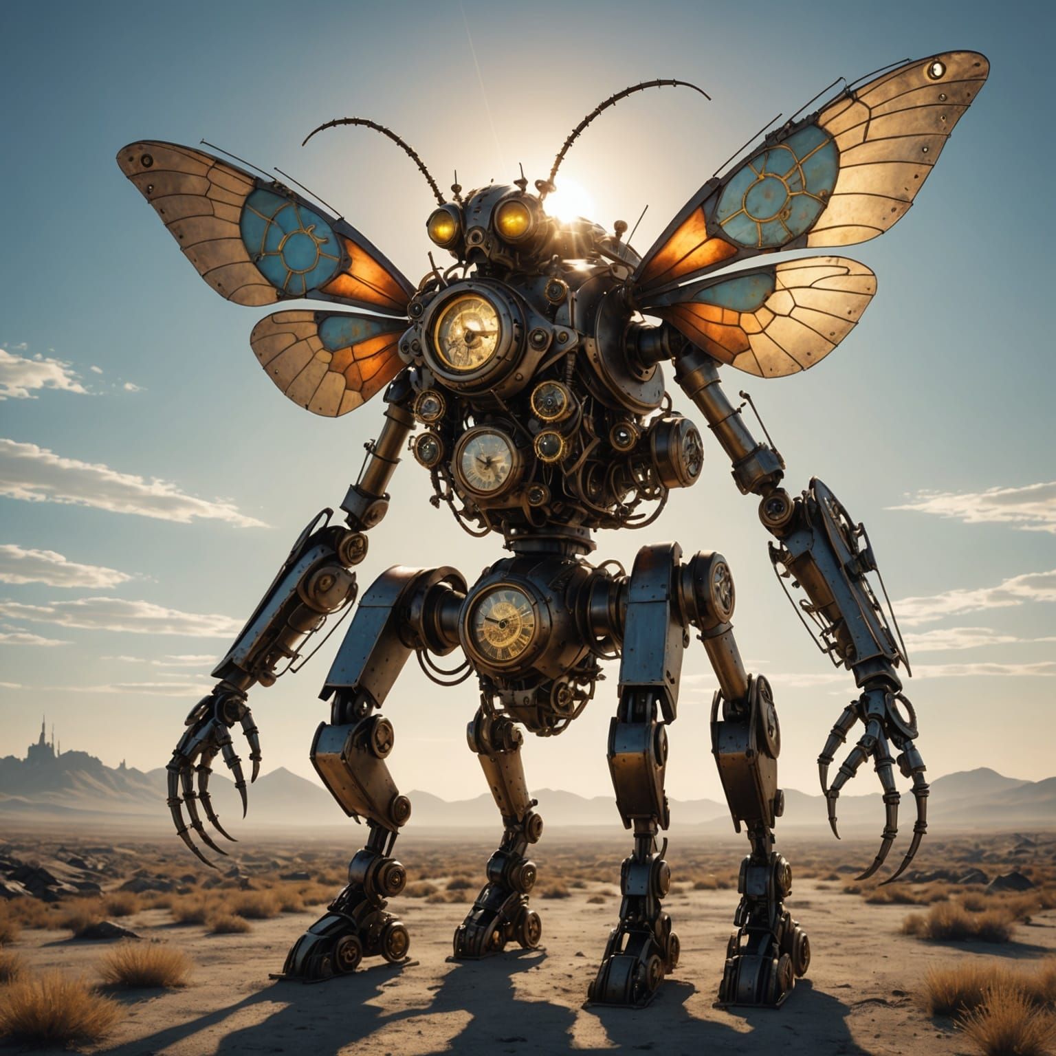 Steampunk Clockwork Insect Cyborg in Dystopian Landscape