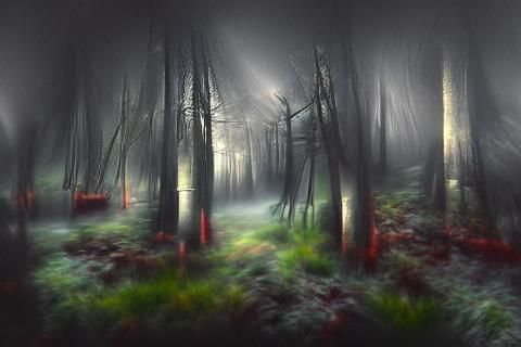 Dark Haunting Foggy Forest in Hyperrealism