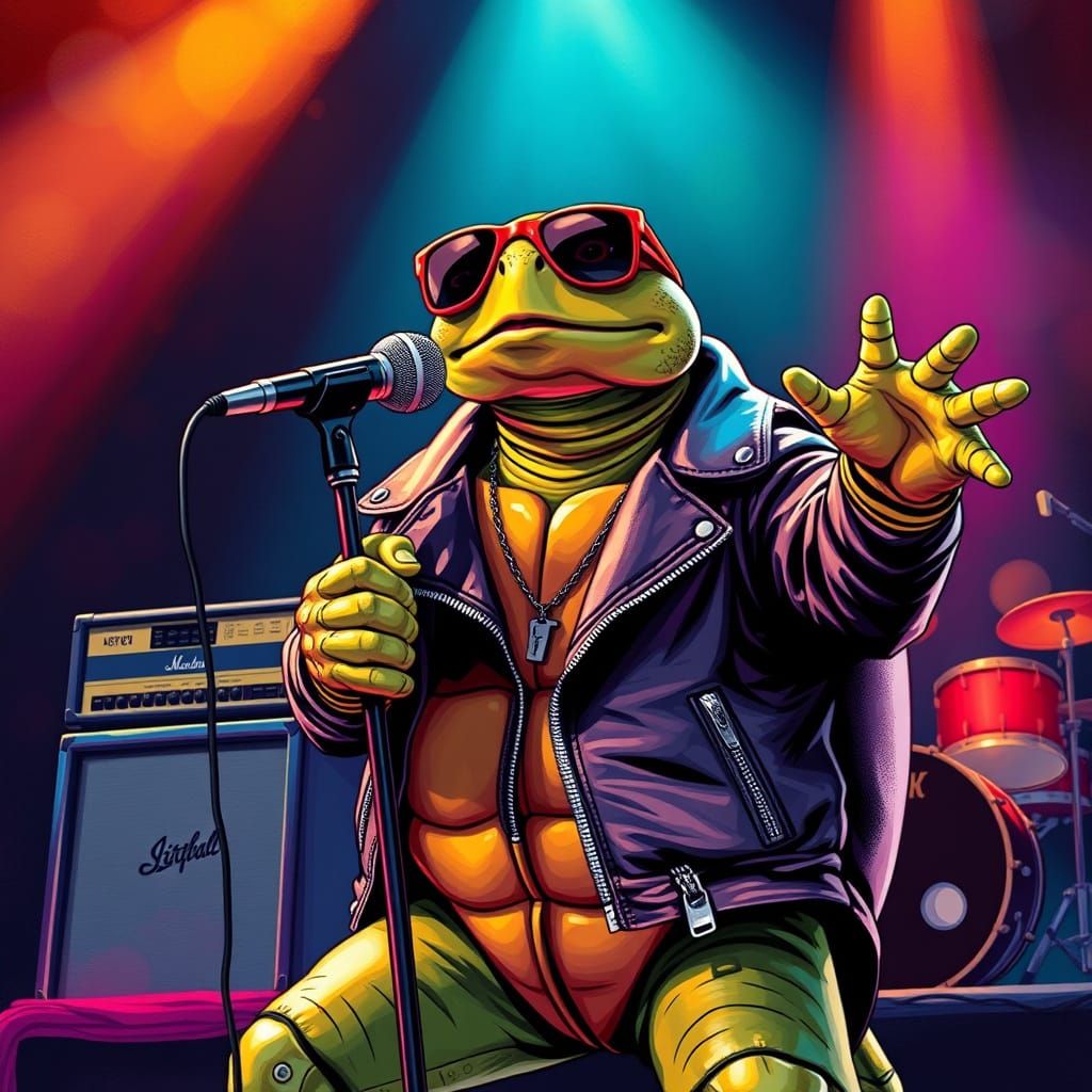 Turtle Rock Star in Grotesque Cartoon Style