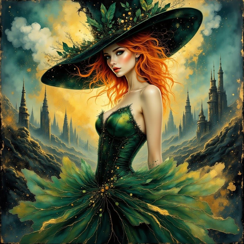 Elegant Lady in Futuristic Green Gown and Veil