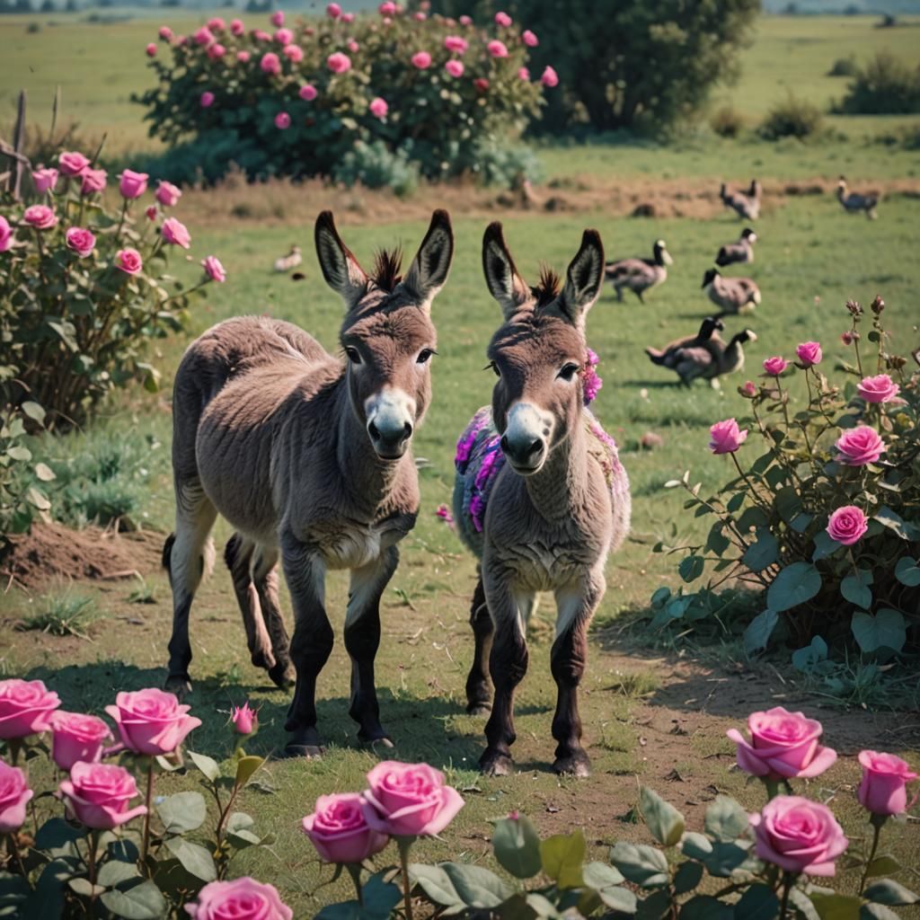 Cute Baby Donkey with Roses and Geese