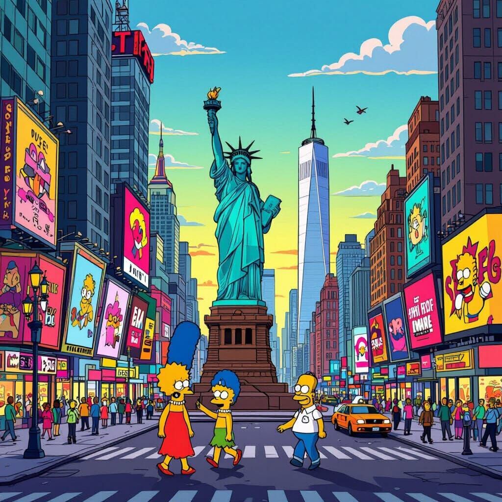 Simpsons Style Cityscape With Iconic Landmarks