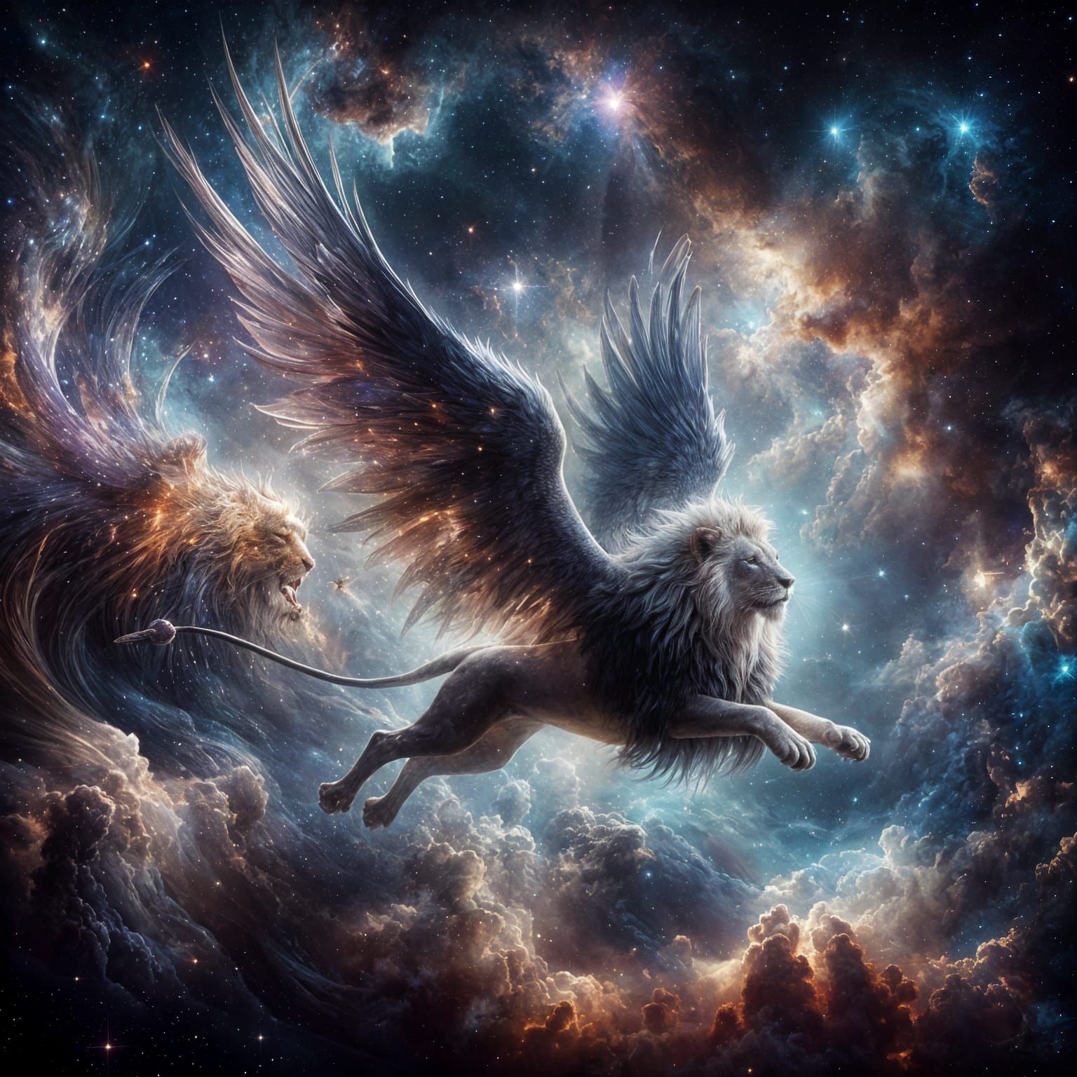 Winged Lion Soaring Through Galactic Nebula