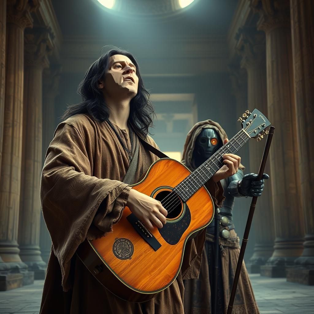 Geddy Lee Look-Alike with Guitar in Temple