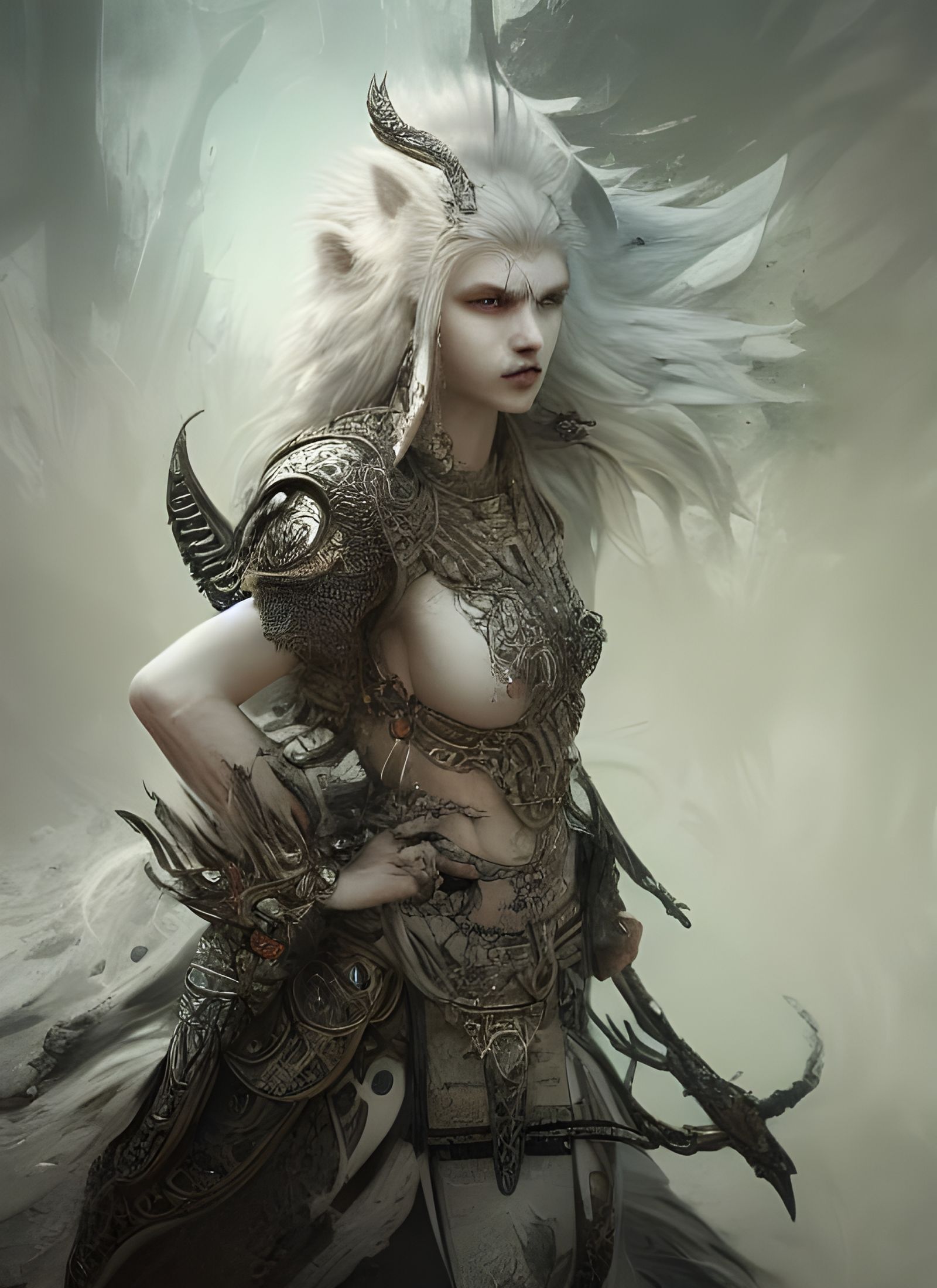 Enigmatic White Wolf Warrior Woman Fantasy Art