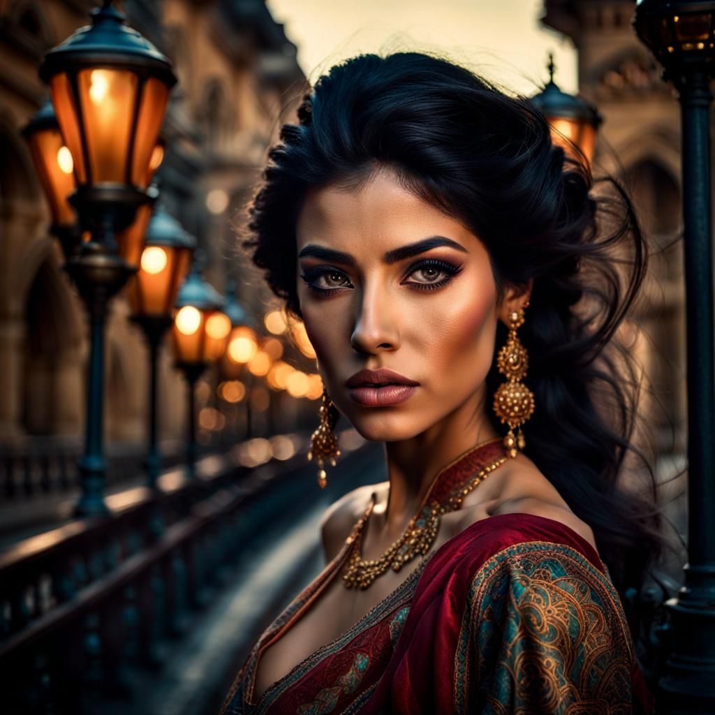 Exotic Woman by Bridge in Splash Watercolor Style