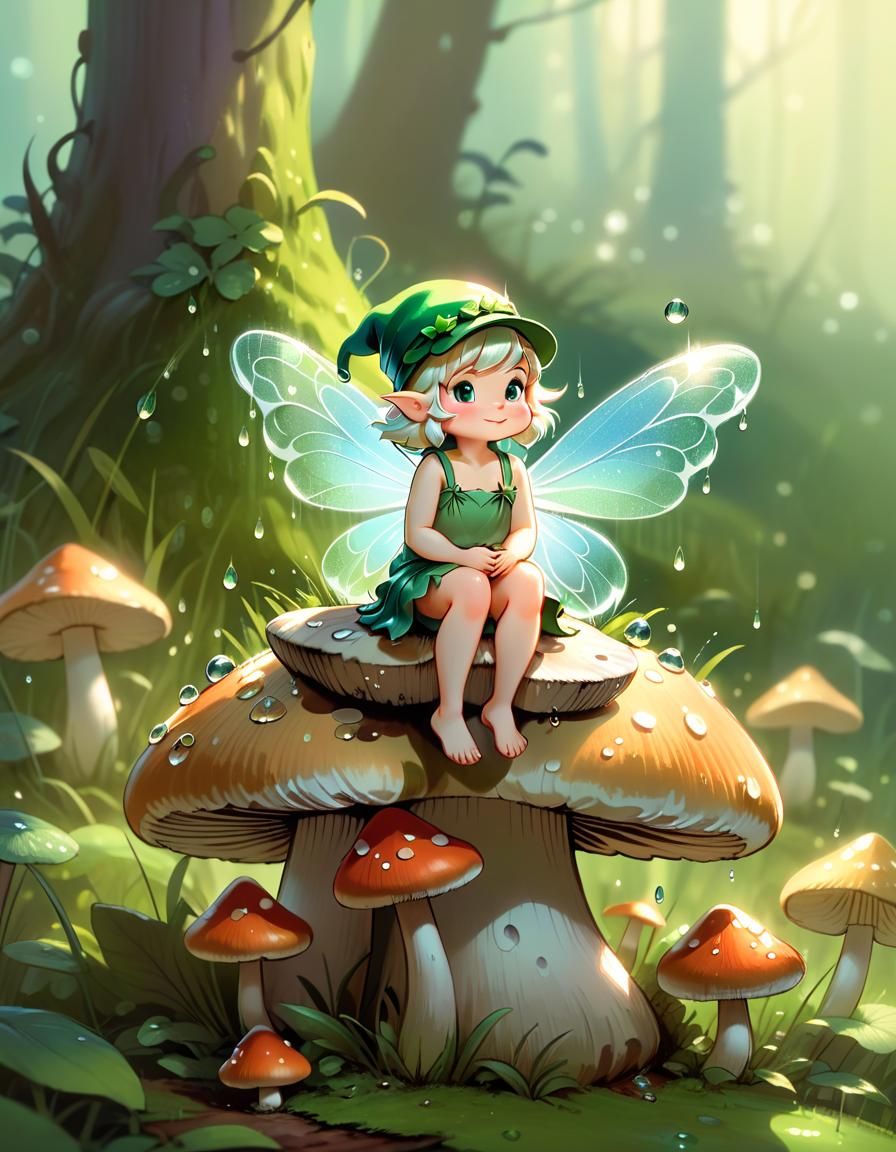 Adorable Fairy Toddler on Mushroom, Cel-Shaded Illustration