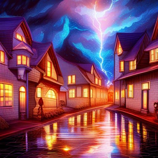 Rainy Village Street with Lightning, Mixed Media Art
