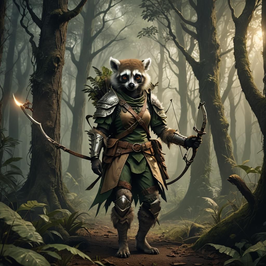 Lemur Ranger in Haunting Forest, Dark Fantasy Art