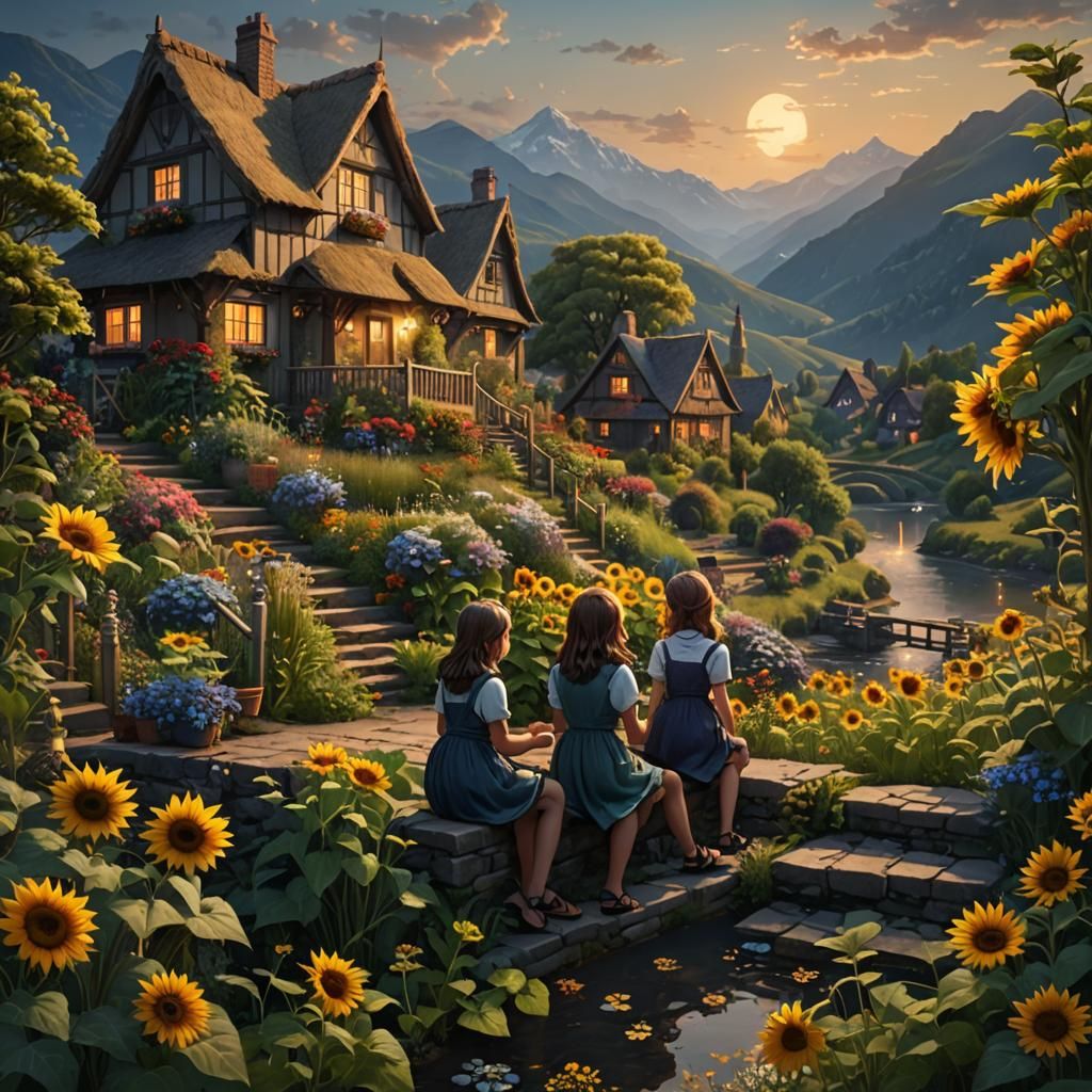 Girls in Garden at Sunset: Fantasy Concept Art