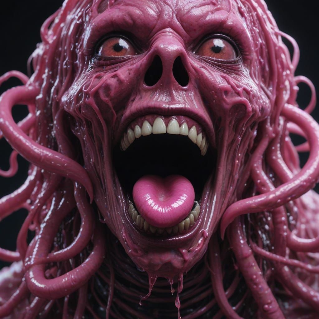 Surreal Horror Scene with Tentacled Bubblegum Monster