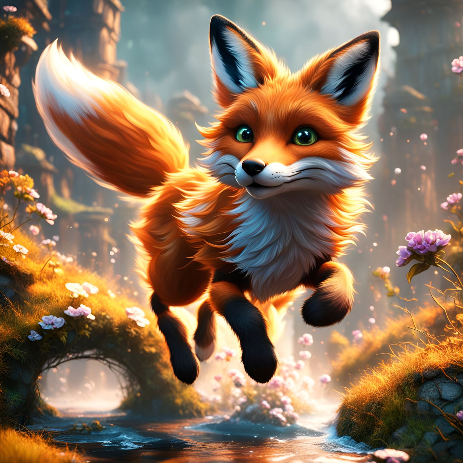 Cute Foxes Jumping in Detailed Matte Painting