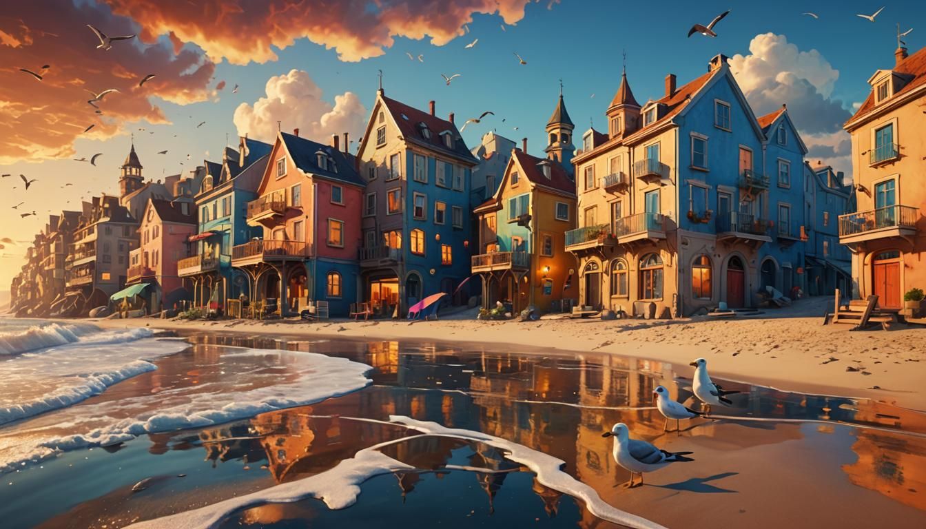 Dreamlike Beach Town: Surrealist Oil Painting
