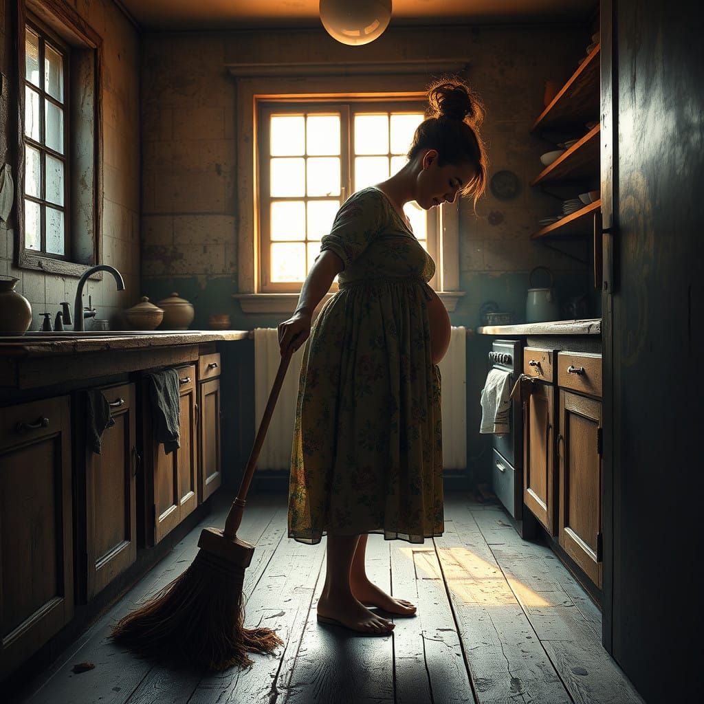 Heavily Pregnant Woman Sweeps Kitchen Floor Amidst Whispers...