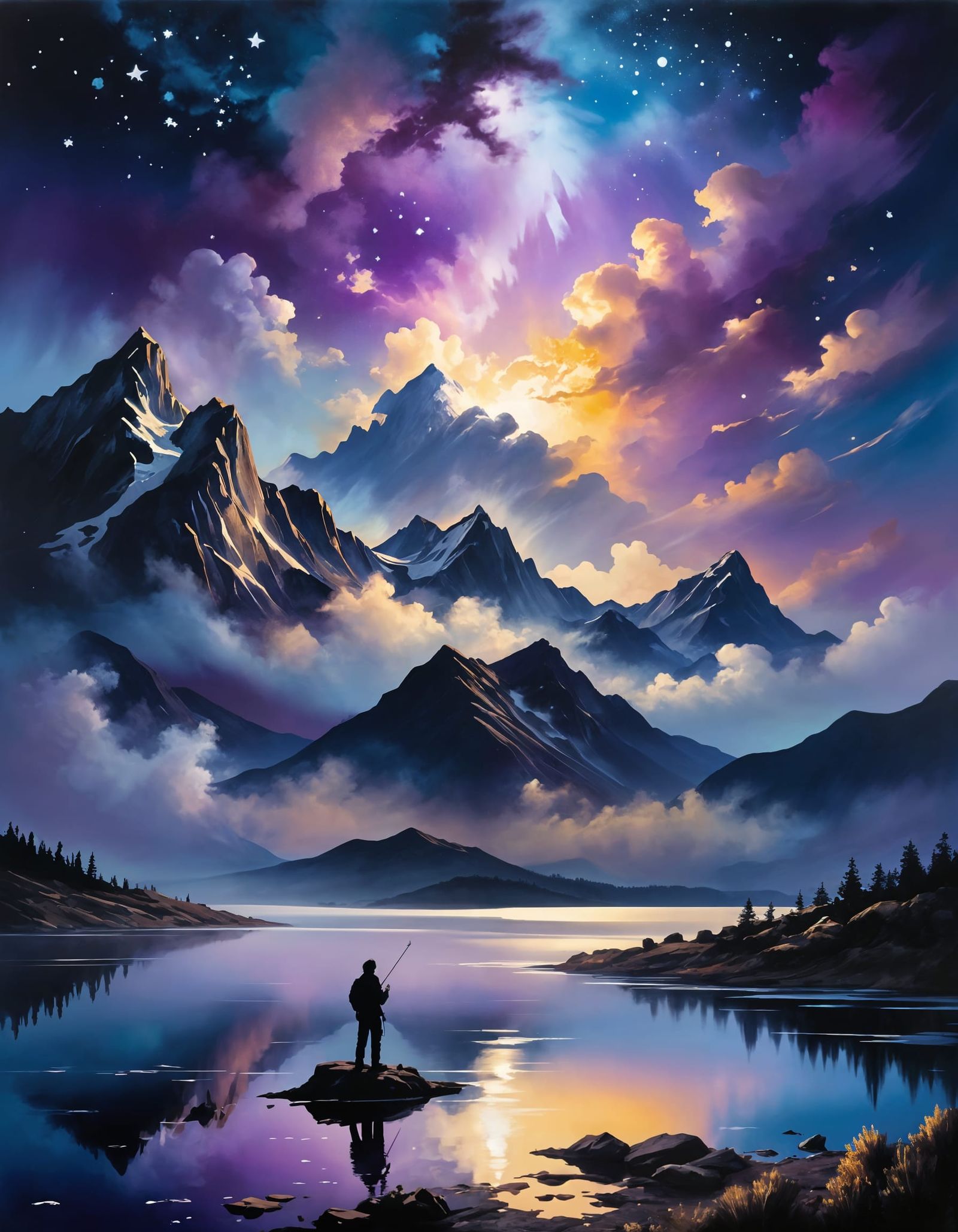 Romantic Mountain Landscape with Lake, Vivid Oil Painting