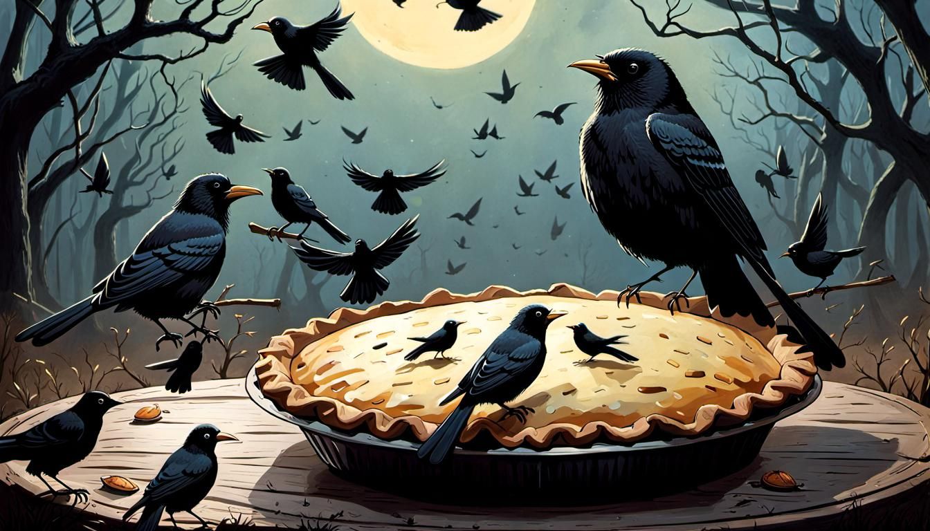 Macabre Pie: Blackbirds Escape in a Surreal Masterpiece