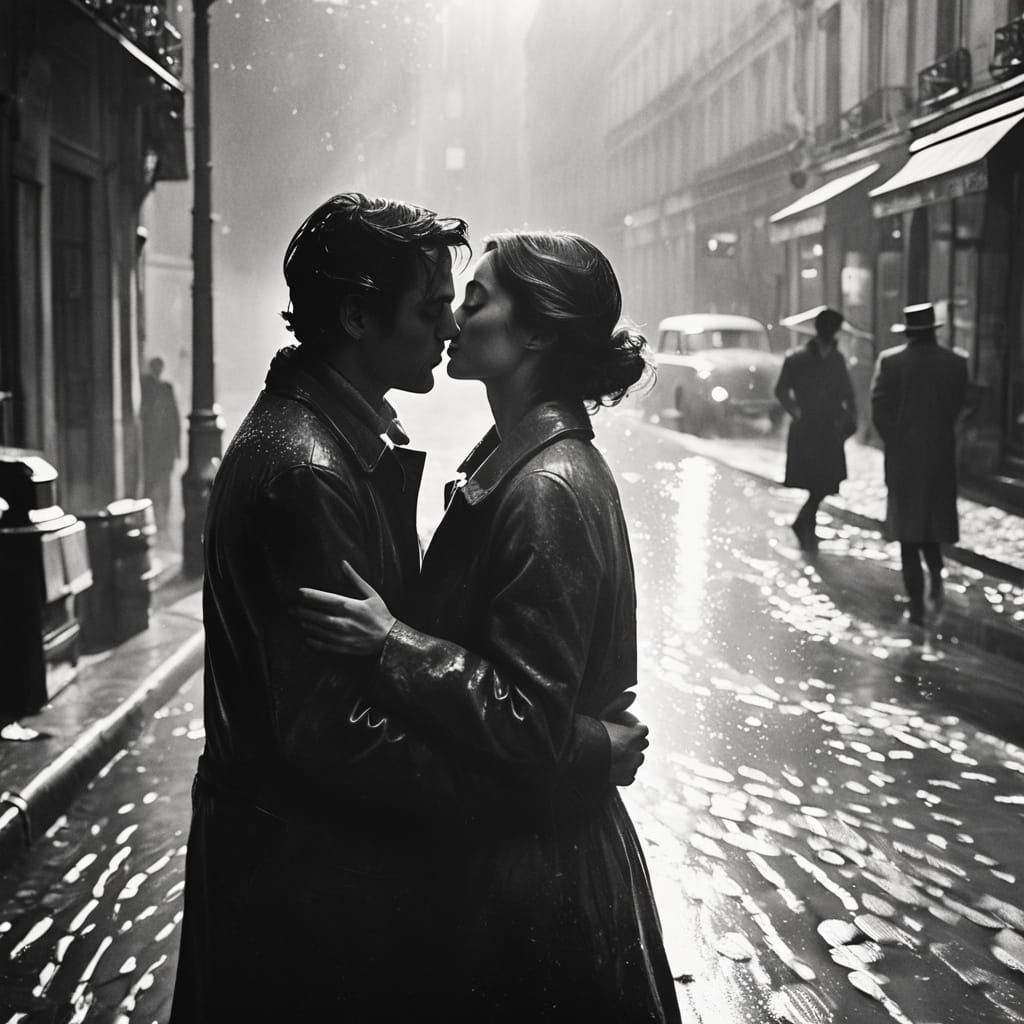 Lovers Embrace on Rainy Paris Street, 1960s Style