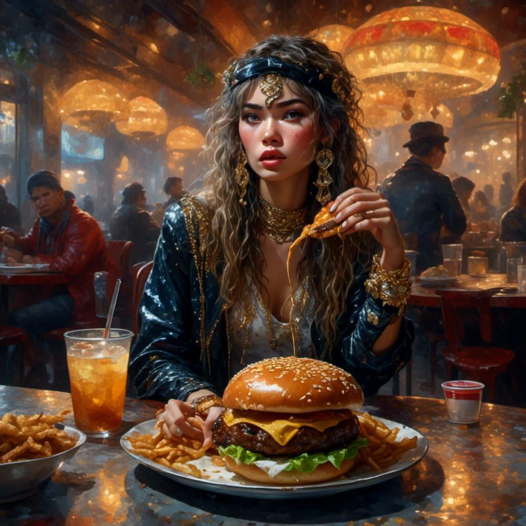 Fantasy Gypsy Bandit Enjoys a Hamburger