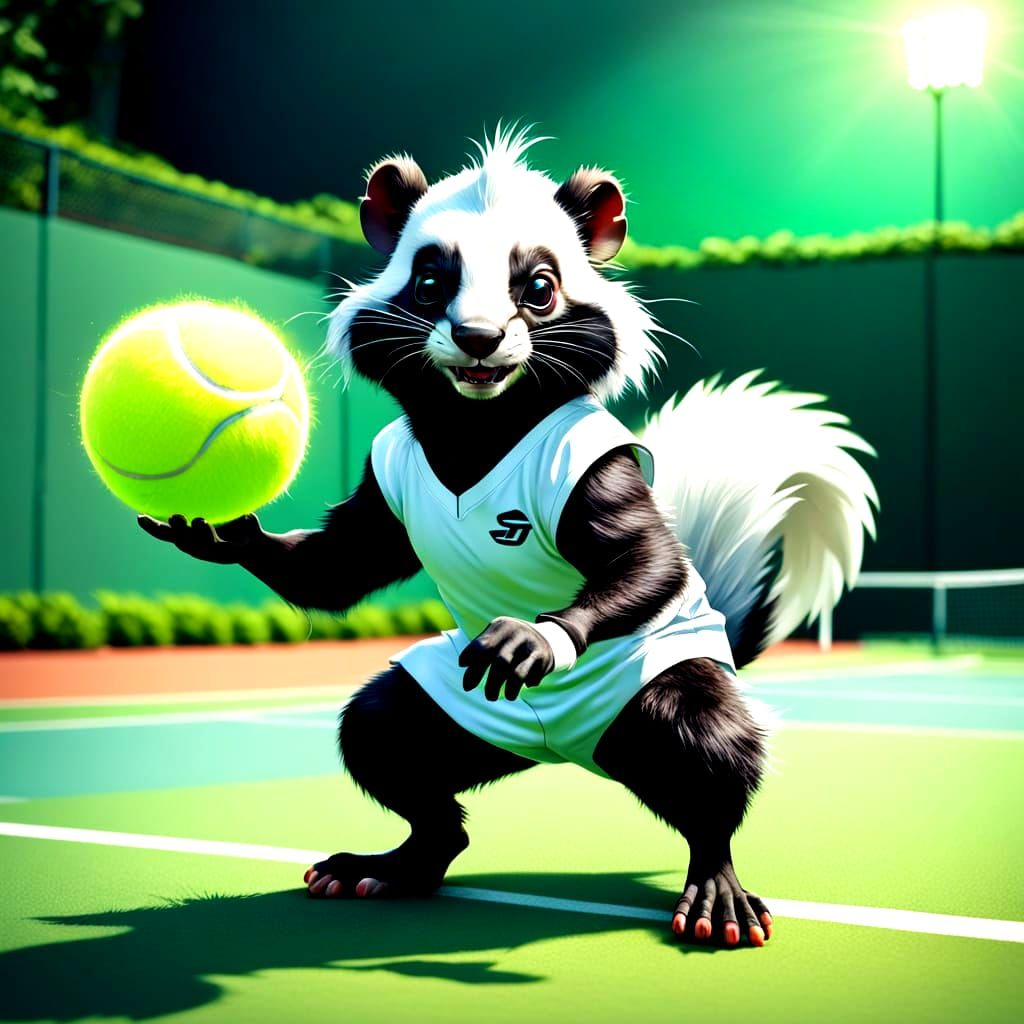 Skunk Tennis Player Serves on a Green Court