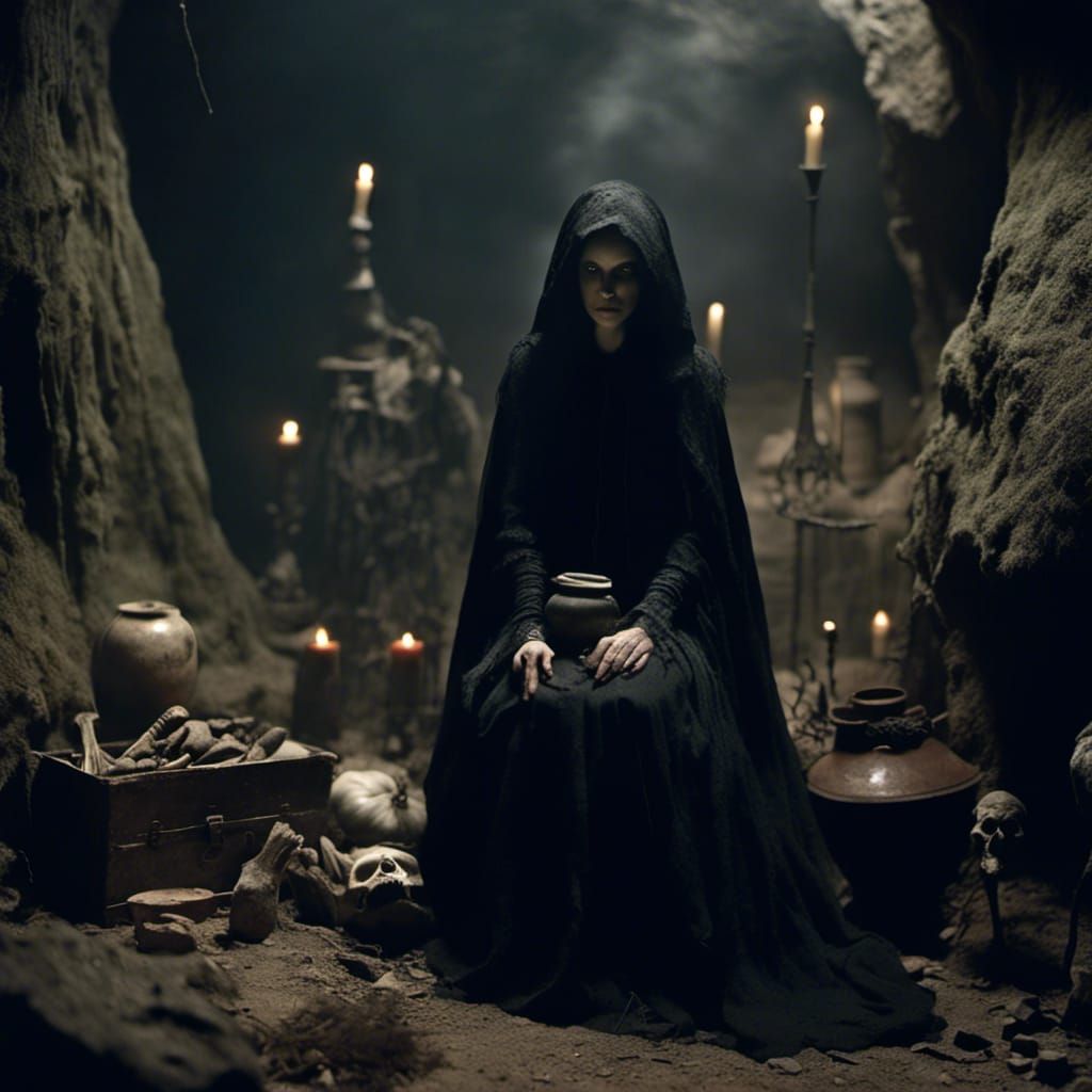 Ethereal Witch in Cave: Dark Academia Film Noir
