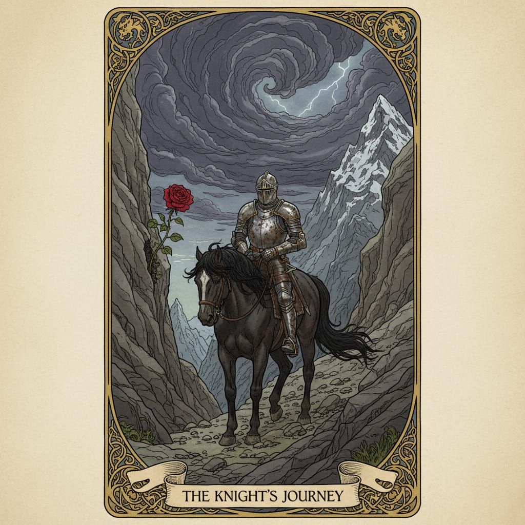 Resilient Knight and Warhorse Traverse Stormy Mountains