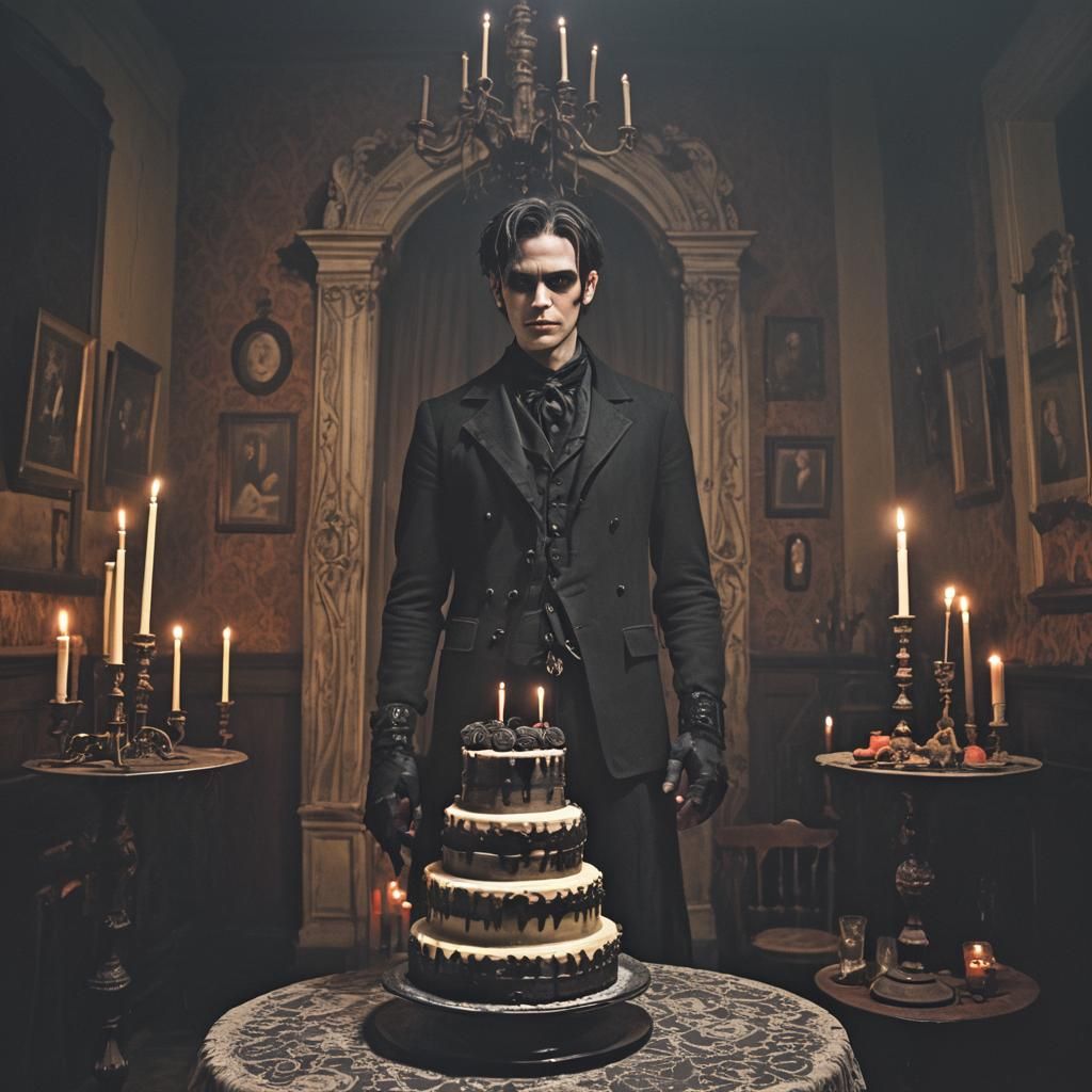 Gothic Man with Tiered Cake in Haunted Parlor