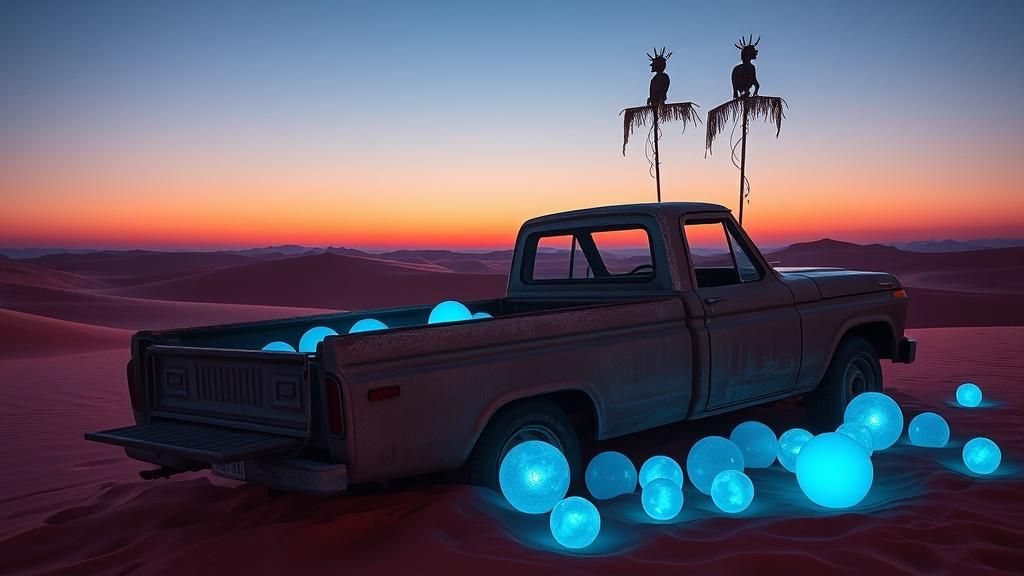 Mystical Desert Twilight with Rusty Truck and Blue Spheres