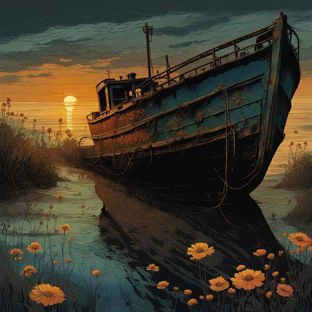 Haunting Sunset on a Drifting Boat