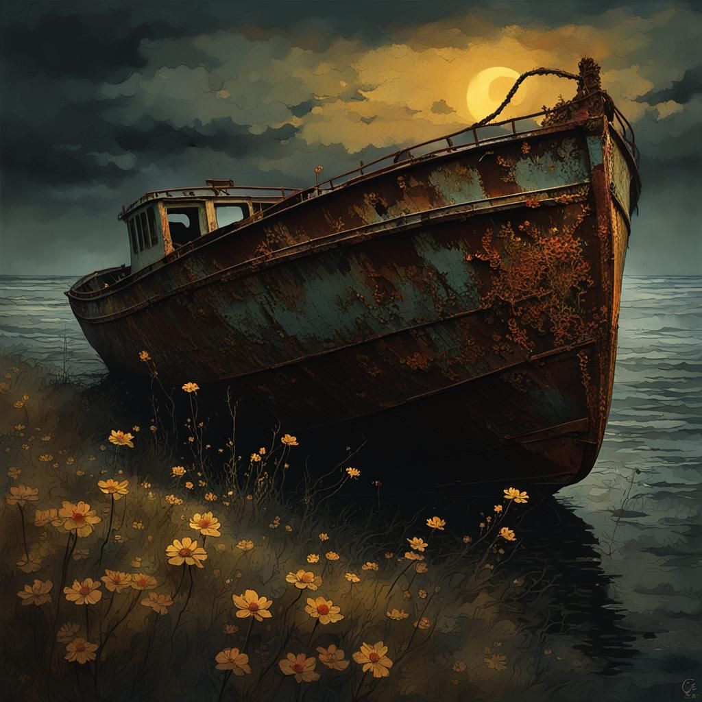 Forgotten Vessel at Sunset, in a Dark Fantasy Style
