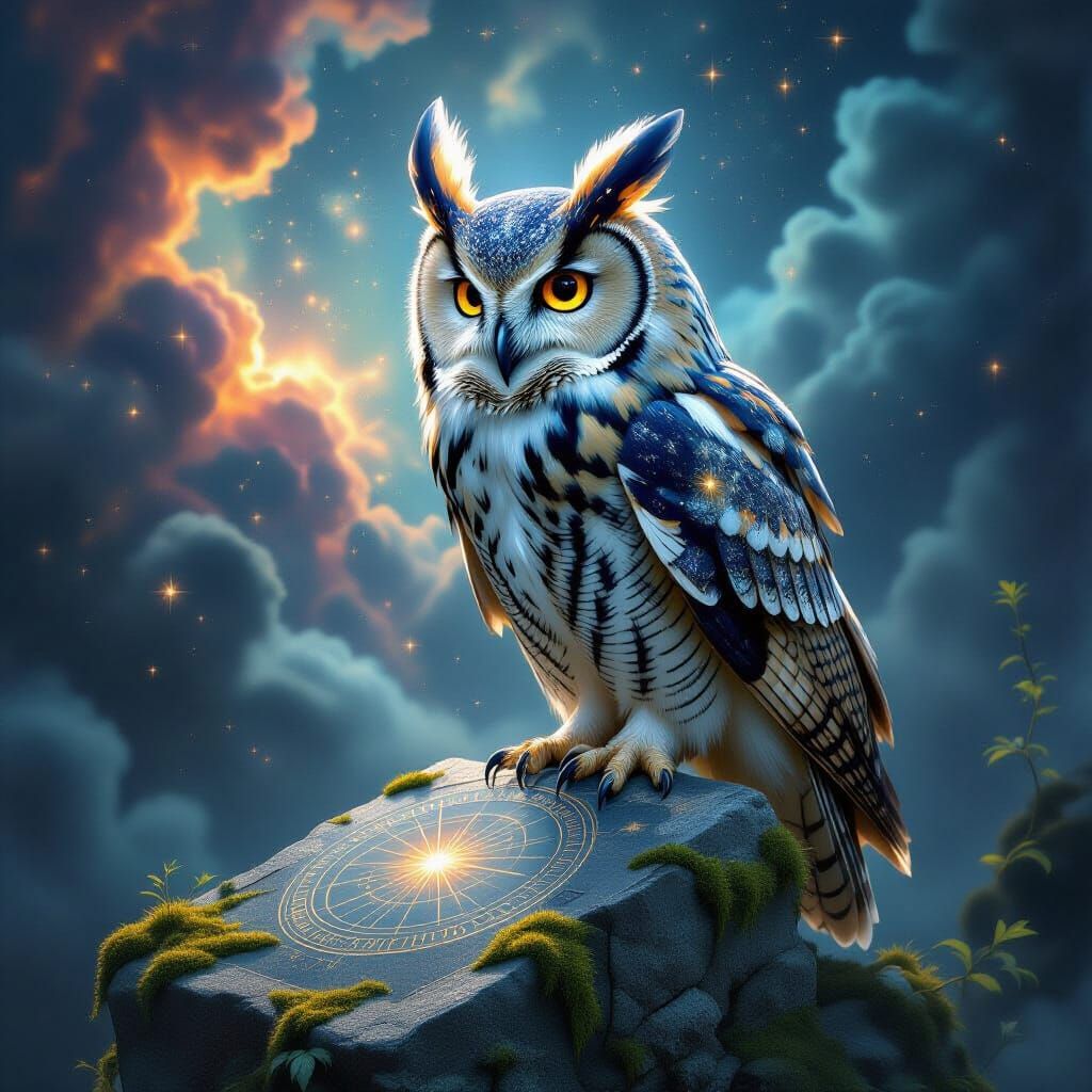 Cosmic Owl on Ancient Stone Tablet