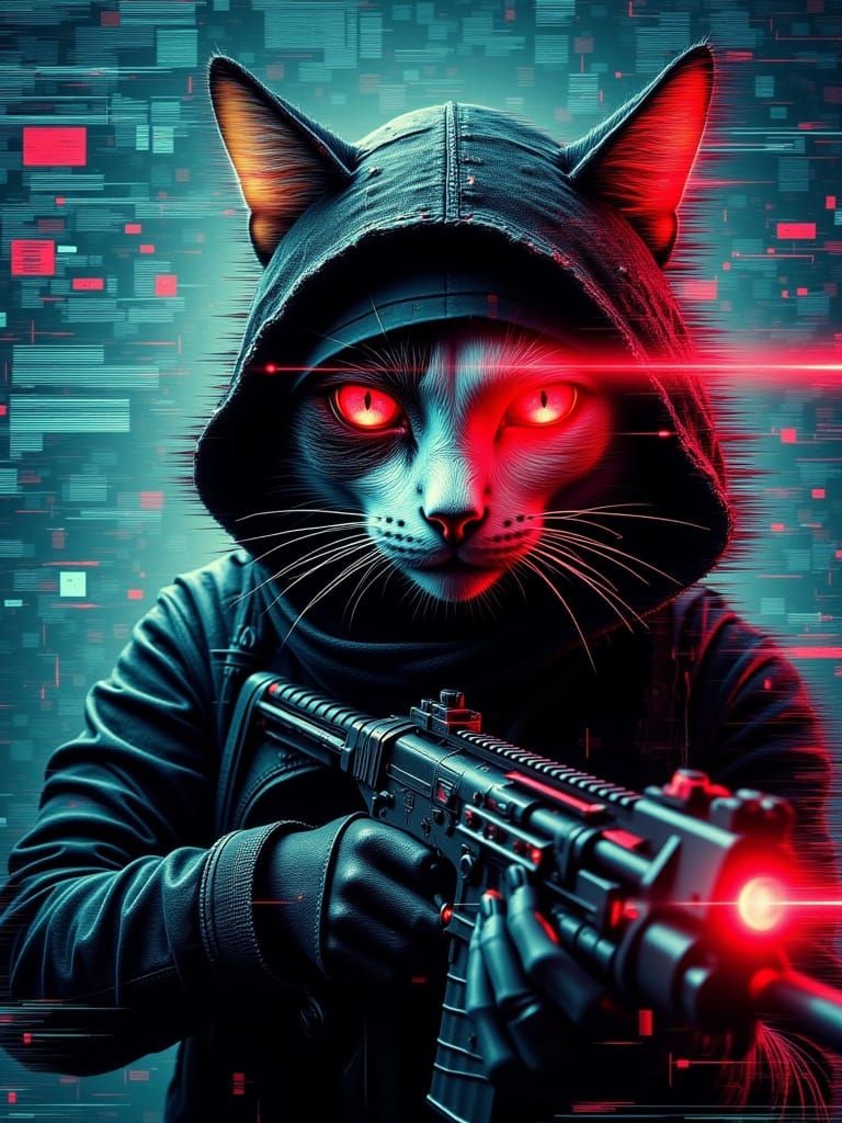 Cyberpunk Cat: Glitching Gunslinger with a Glowing Red Eye