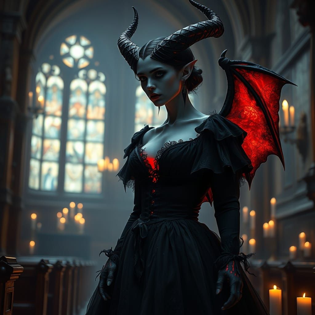 Bioluminescent Demon in Ornate Church, Mixed Media Style