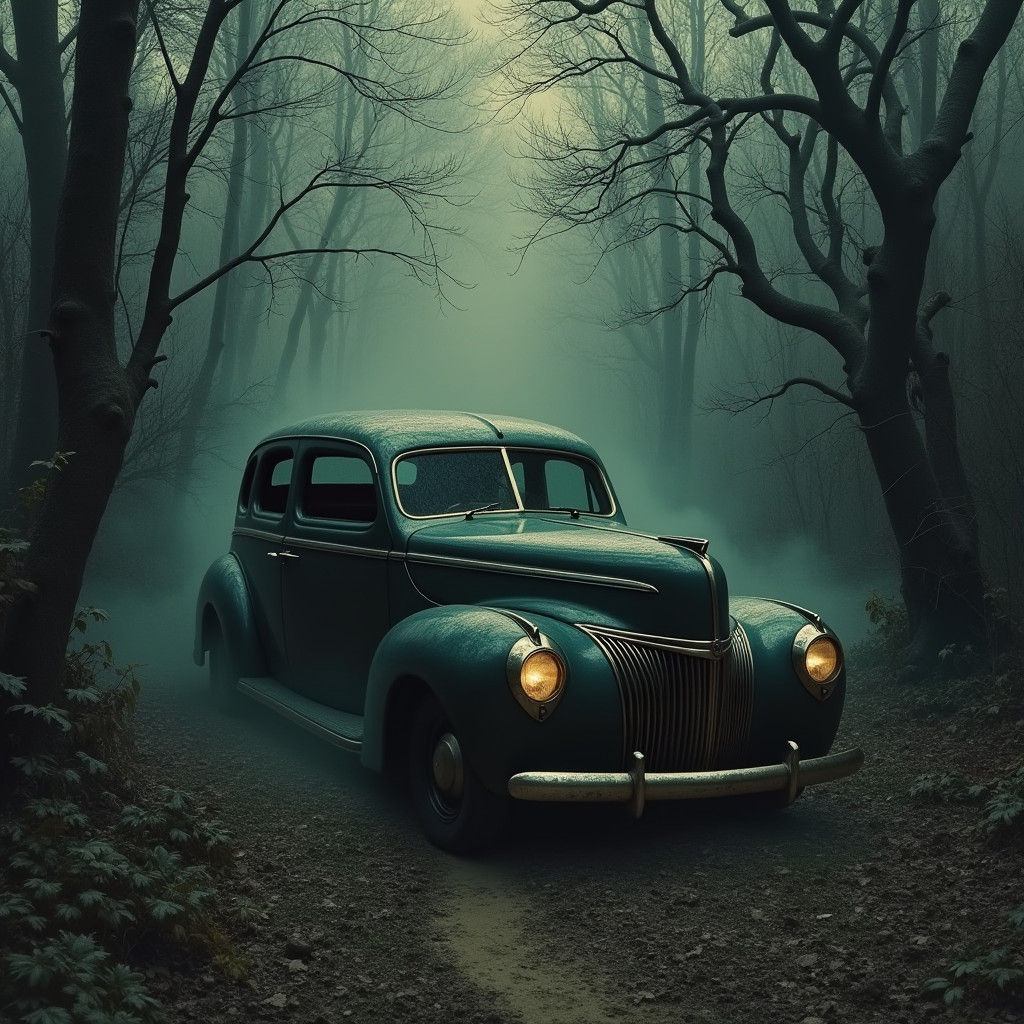 Eerie 1941 Car in Mystical Gothic Landscape