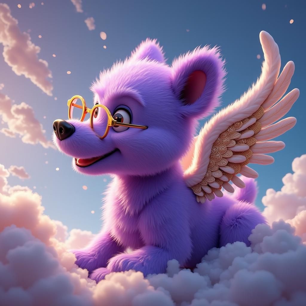 Vibrant Purple Dog Soars with Angel Wings, Trendy Glasses