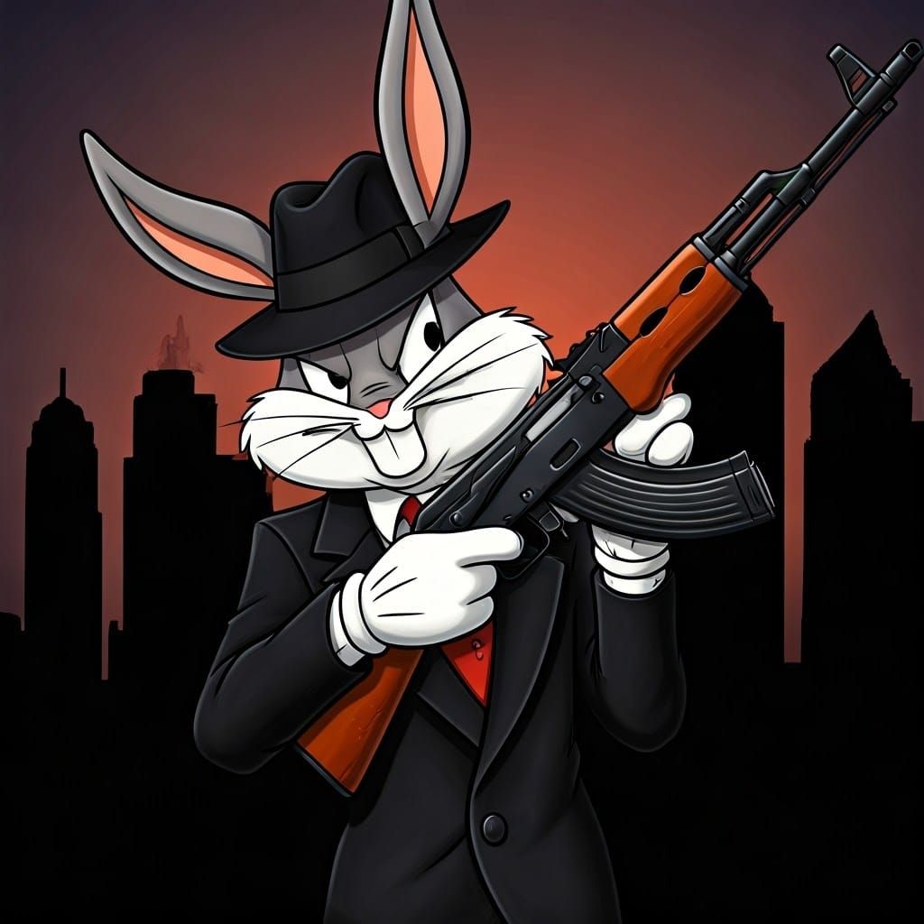 Bugs Bunny Gangster with AK-47 in Comic Art Style