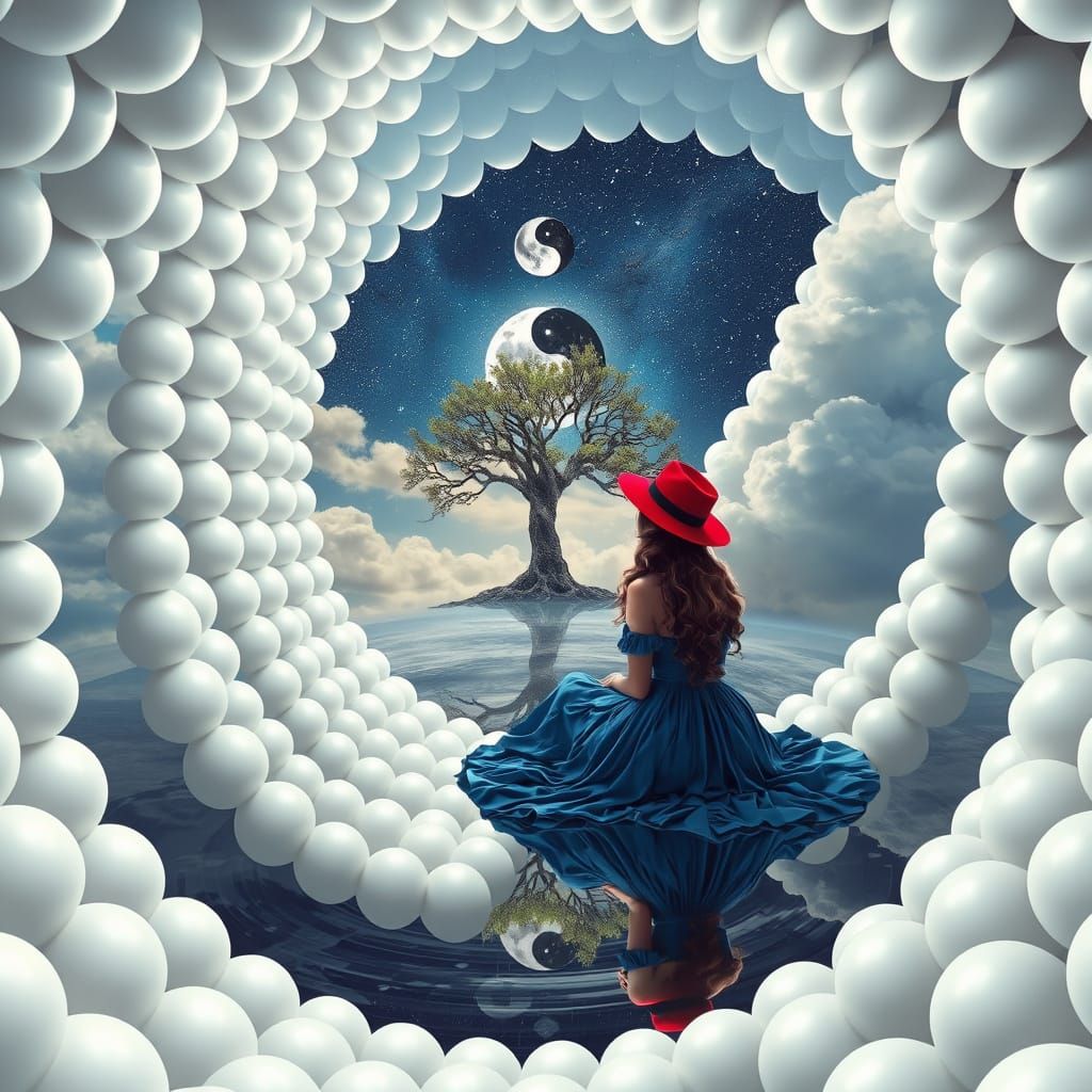 Woman in Blue Dress and Red Fedora in Fractal Tunnel
