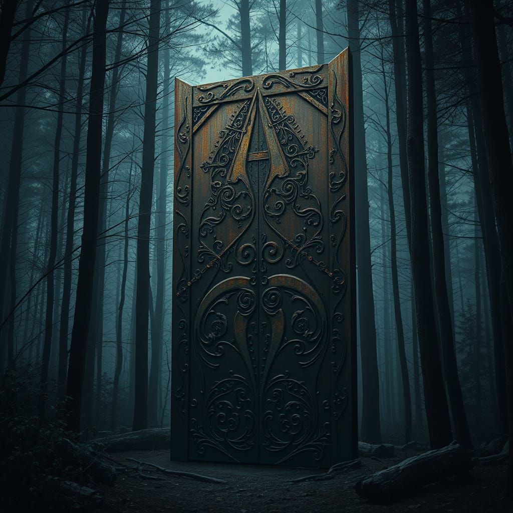 Mysterious, Ancient Doorway in a Dark, Shadowy Forest