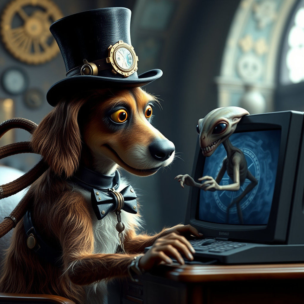Steampunk Dog and Alien Pet in Labyrinth Style
