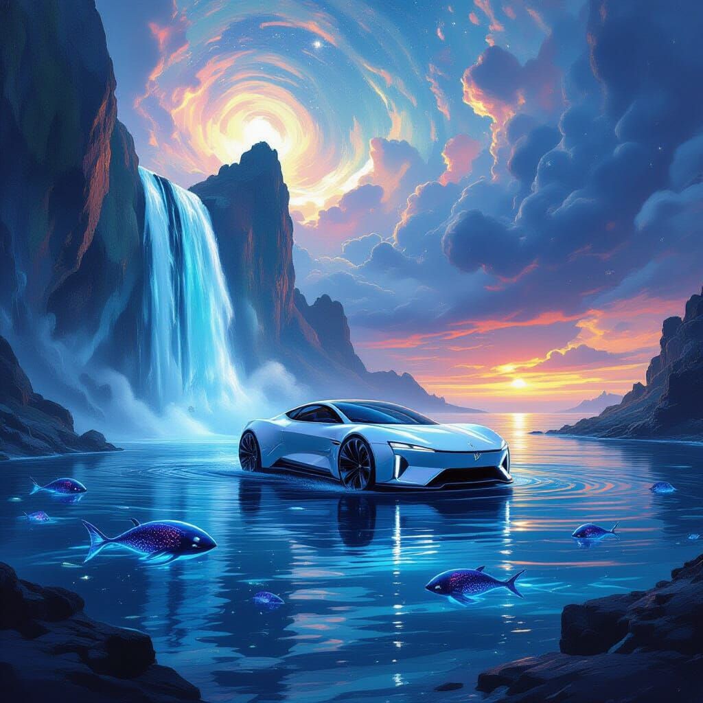 Futuristic Car Over Alien Ocean as Matte Painting