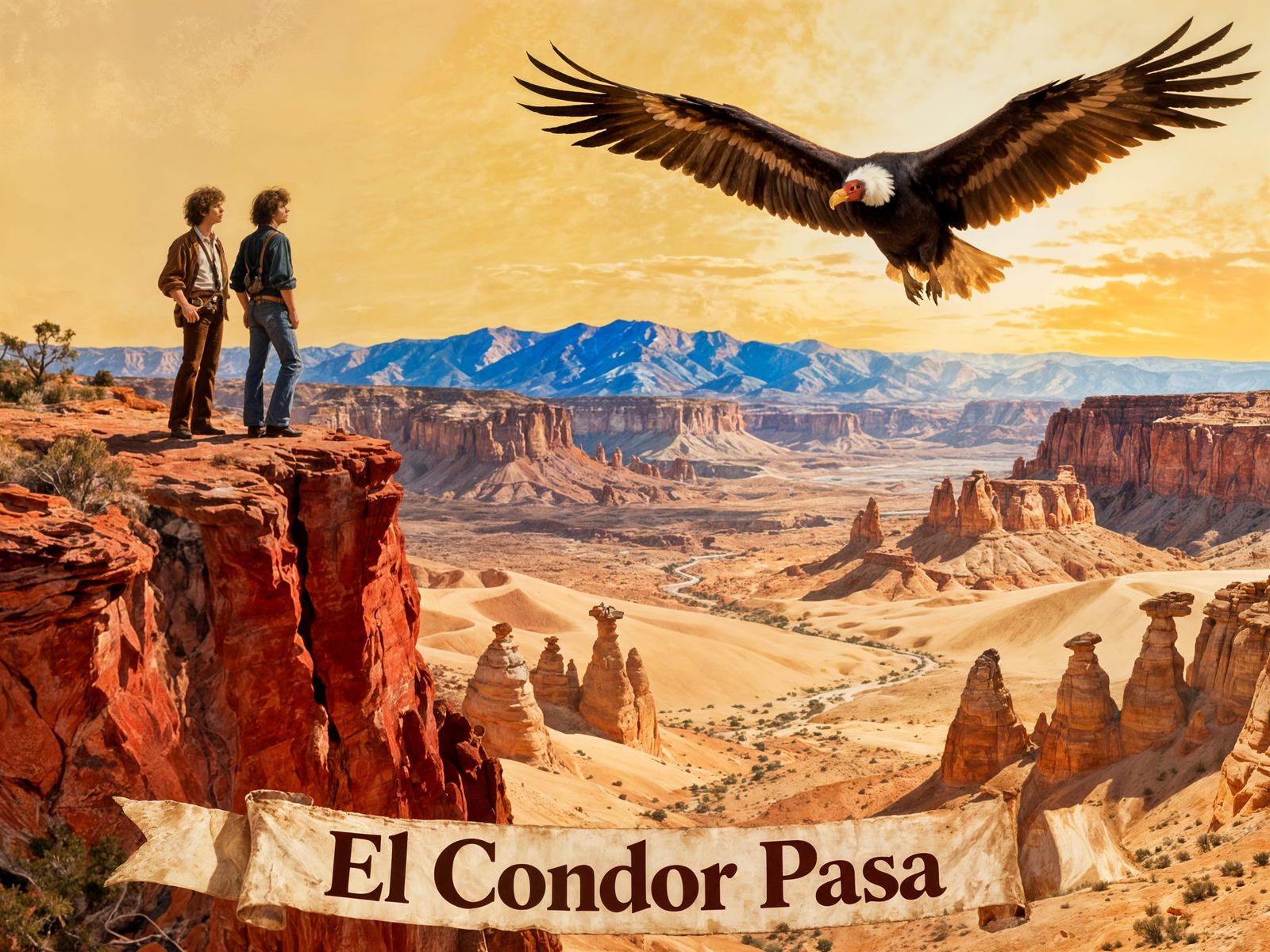 Folk Duo Gazing Over Desert Valley with Soaring Condor