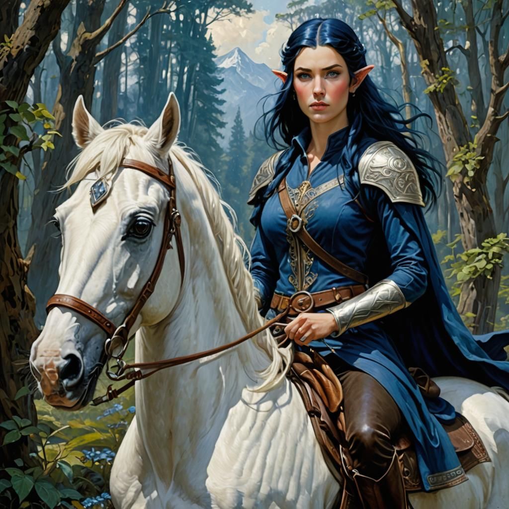 Elven Ranger with White Horse as Oil Painting