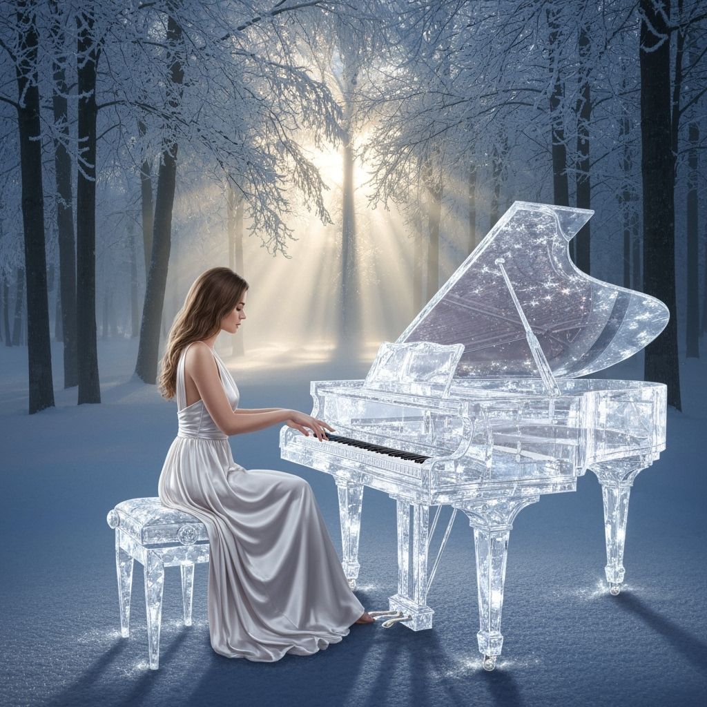 Mystical Woman at Crystal Piano in Snowy Forest
