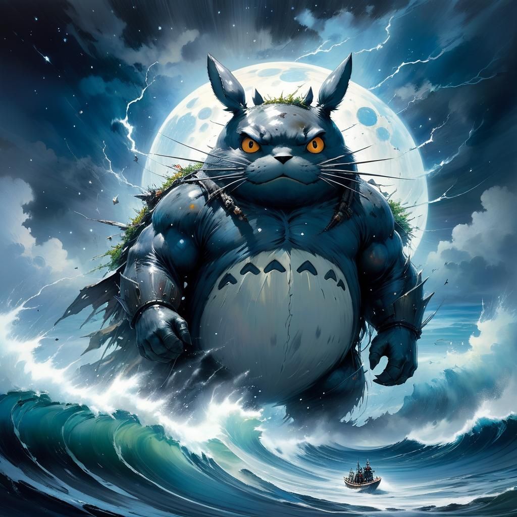 Totoro in Ocean Storm, Watercolor Art