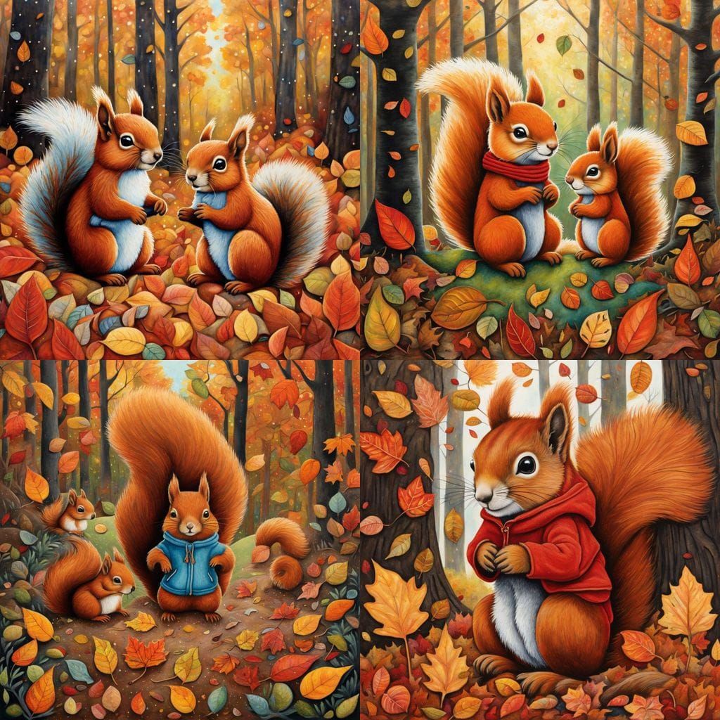 Red Squirrel Toddlers Play In Autumn Leaves, Mixed Media Art