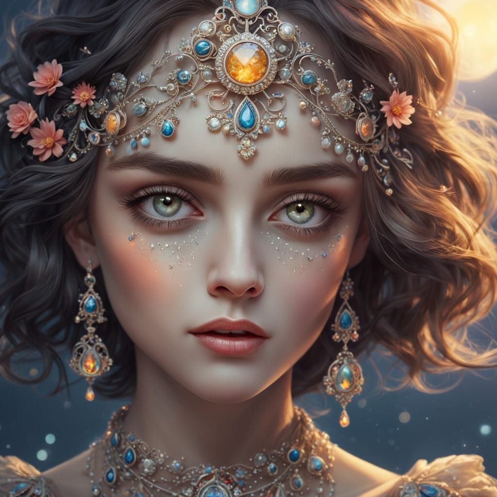 Moonlit Princess in a Vibrant Floral Field